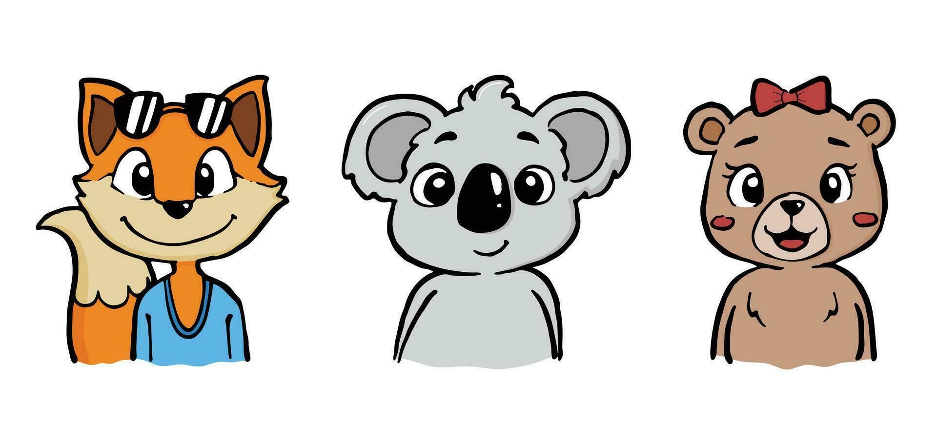 Vector illustration cute animal koala bear fox in hand drawn cartoon style