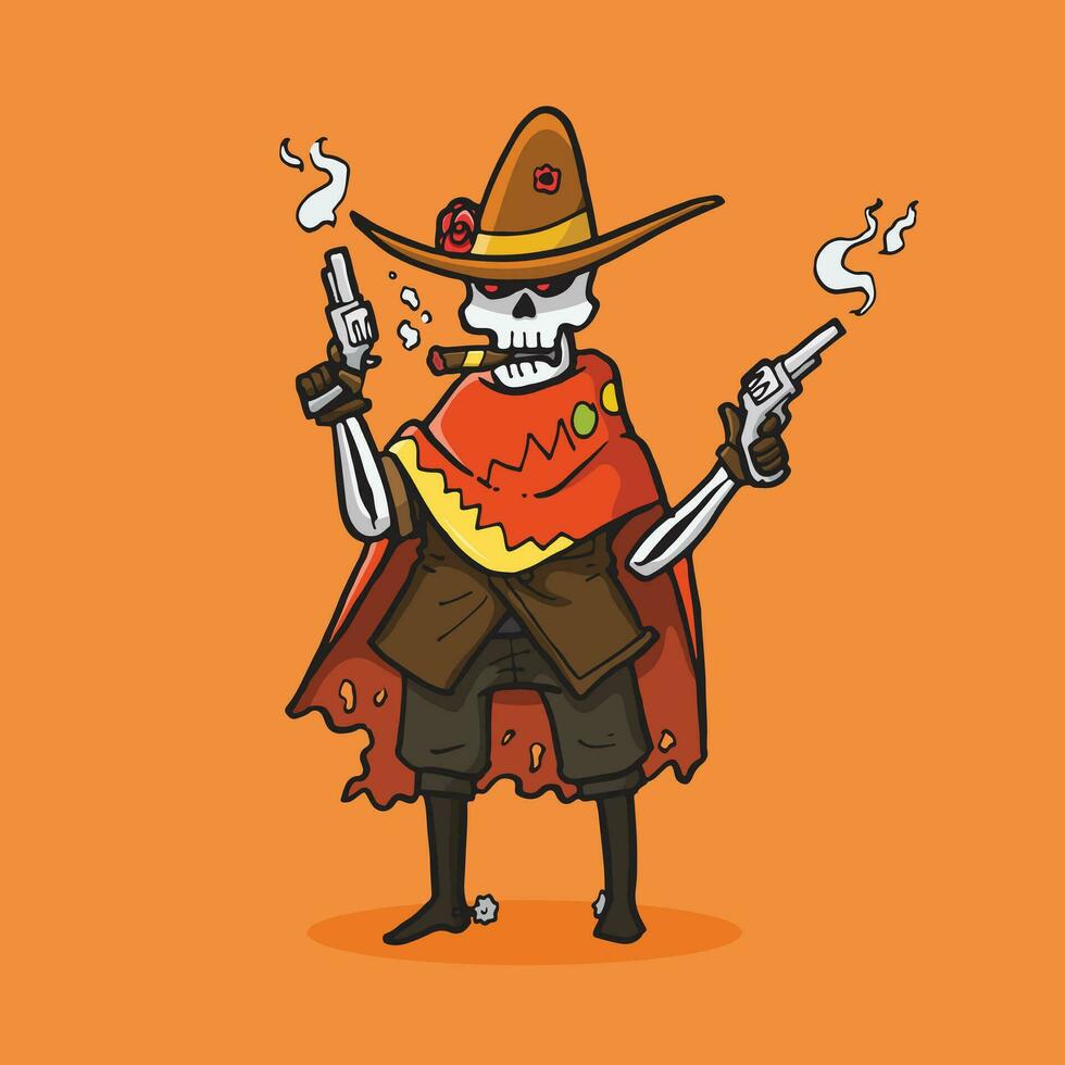 Vector illustration Cowboy skeleton standing and holding dual gun in hand drawn style