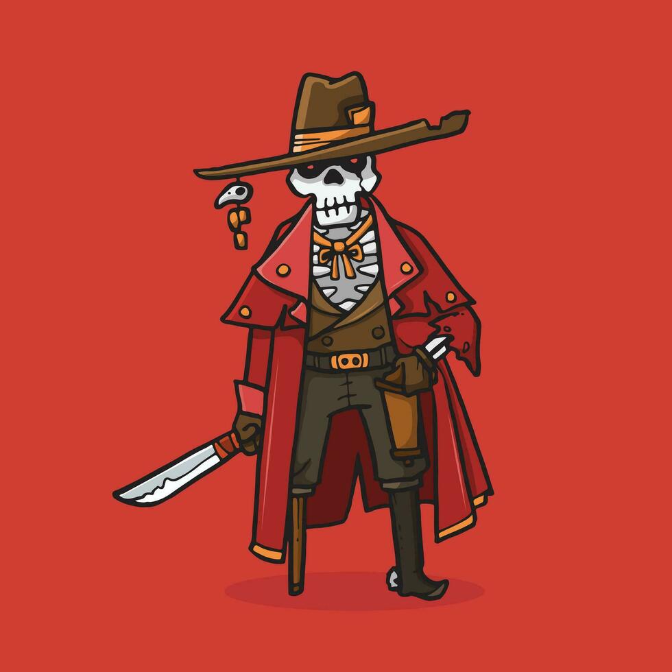 Vector illustration Cowboy skeleton standing and holding machete in hand drawn style