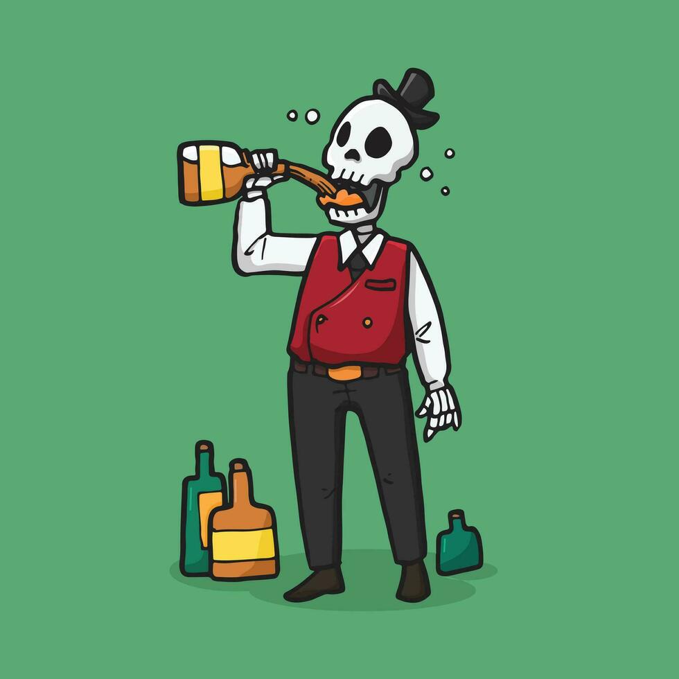 Vector illustration western skeleton bartender drinking in hand drawn style