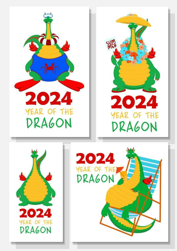 set of New Year s cards with dragons. Greeting card 2024. vector