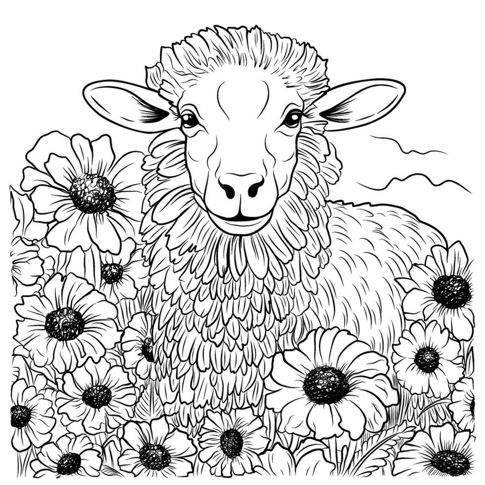 COLORING PAGE sheep. Sheep cute funny character linear illustration childrens for coloring. Sheep farm vector