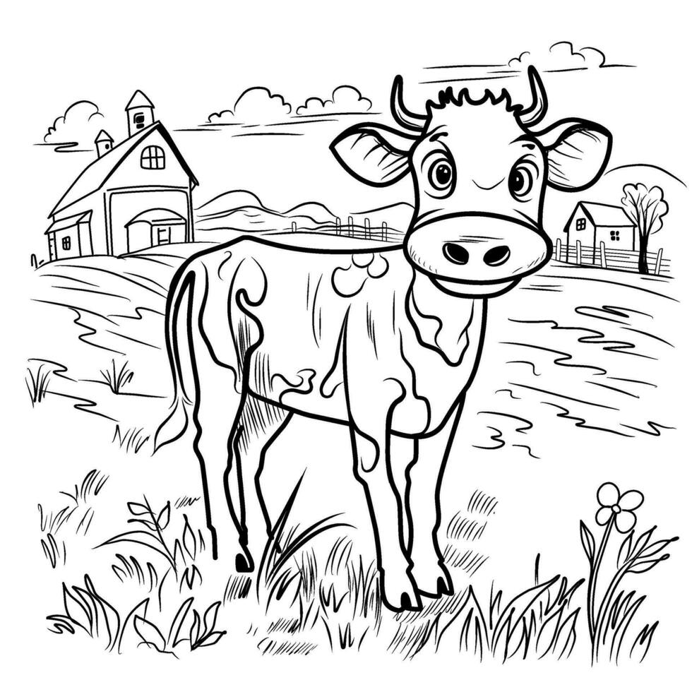 Cow farm coloring page. Calf linear illustration for coloring vector