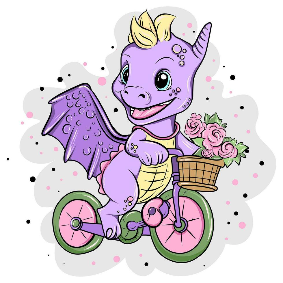 Cute animal baby. Cute dragon with flowers on a bike vector