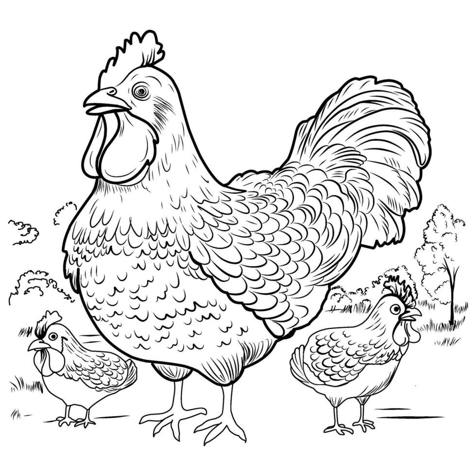 COLORING PAGE chicken with chicks. hen laying hen cute funny character linear illustration childrens for coloring.Bird farm vector