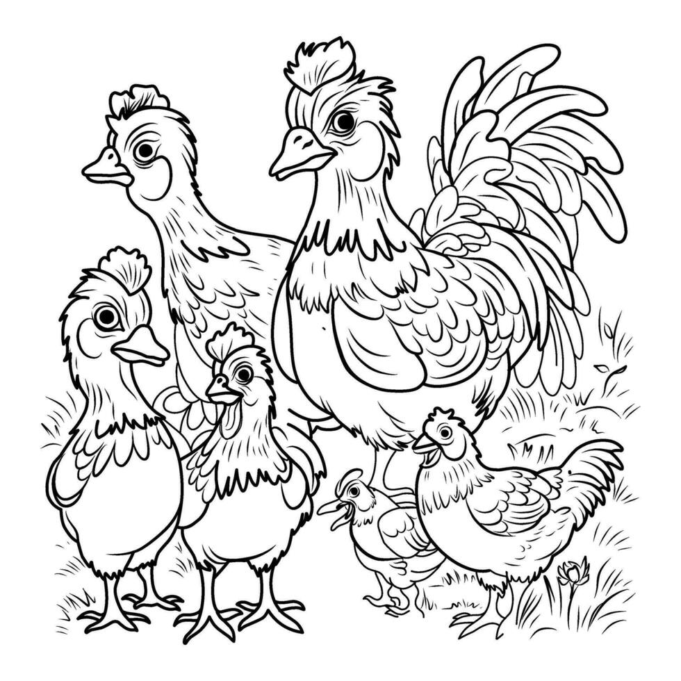 Bird farm coloring page. Hens and chicks linear illustration for coloring vector