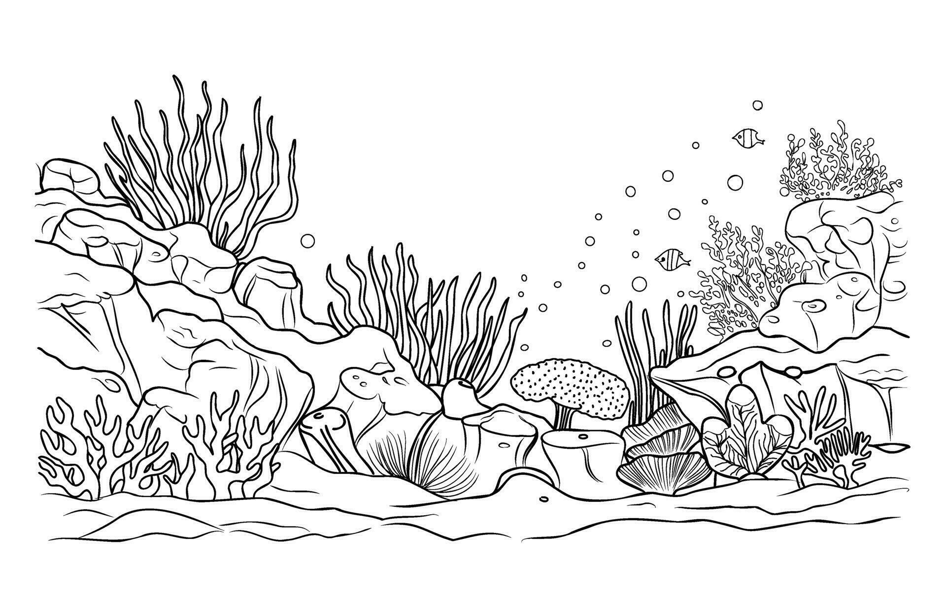 Underwater world coloring page. Coloring page life in the ocean with