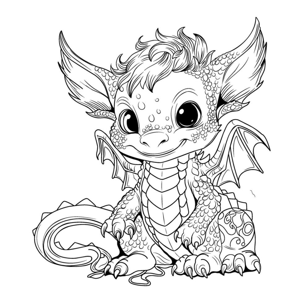 Dragon coloring book. Coloring page simple line illustration of little cute dragon in cartoon style. Symbol of 2024. vector