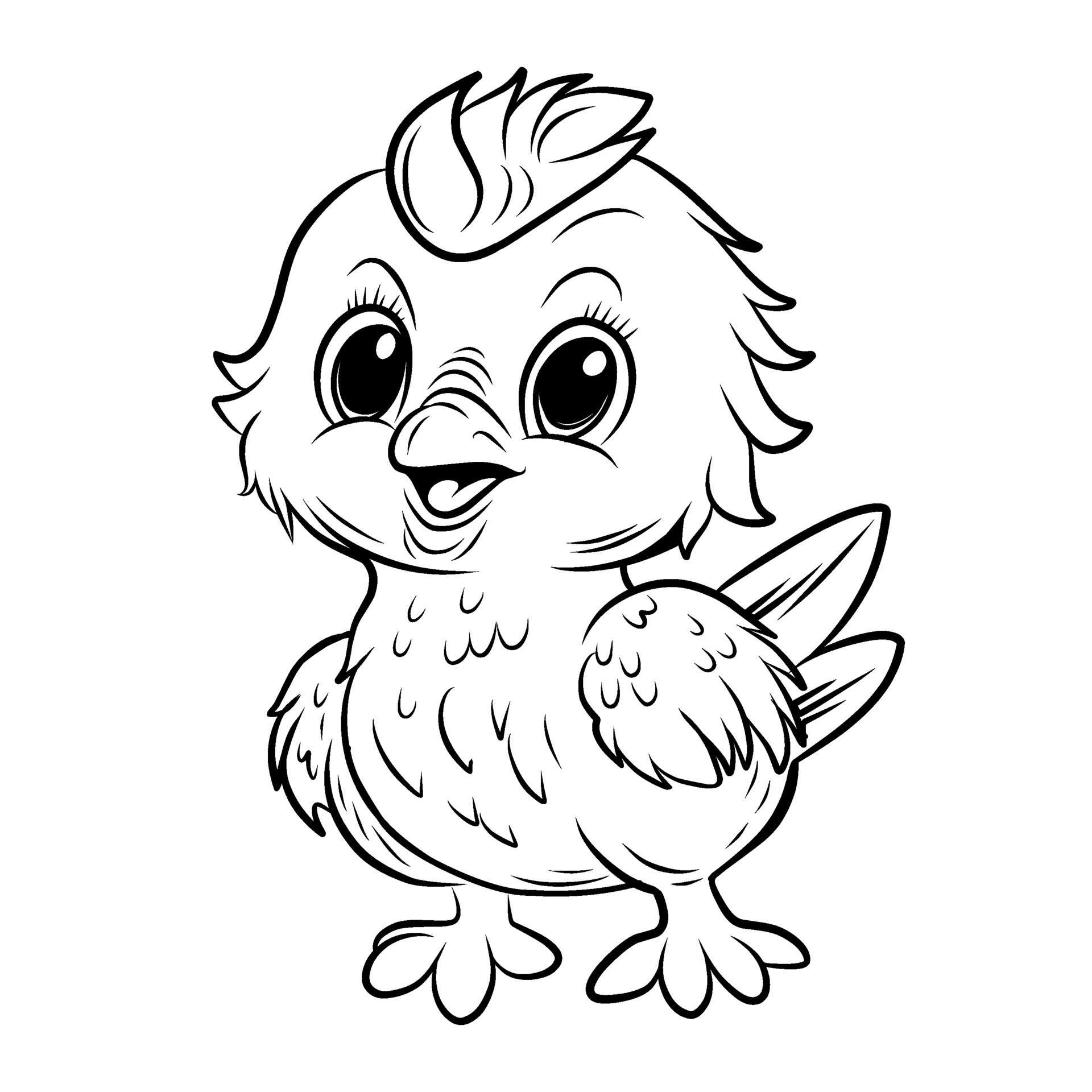 CHICKEN COLORING PAGE. Chick cute funny character linear illustration