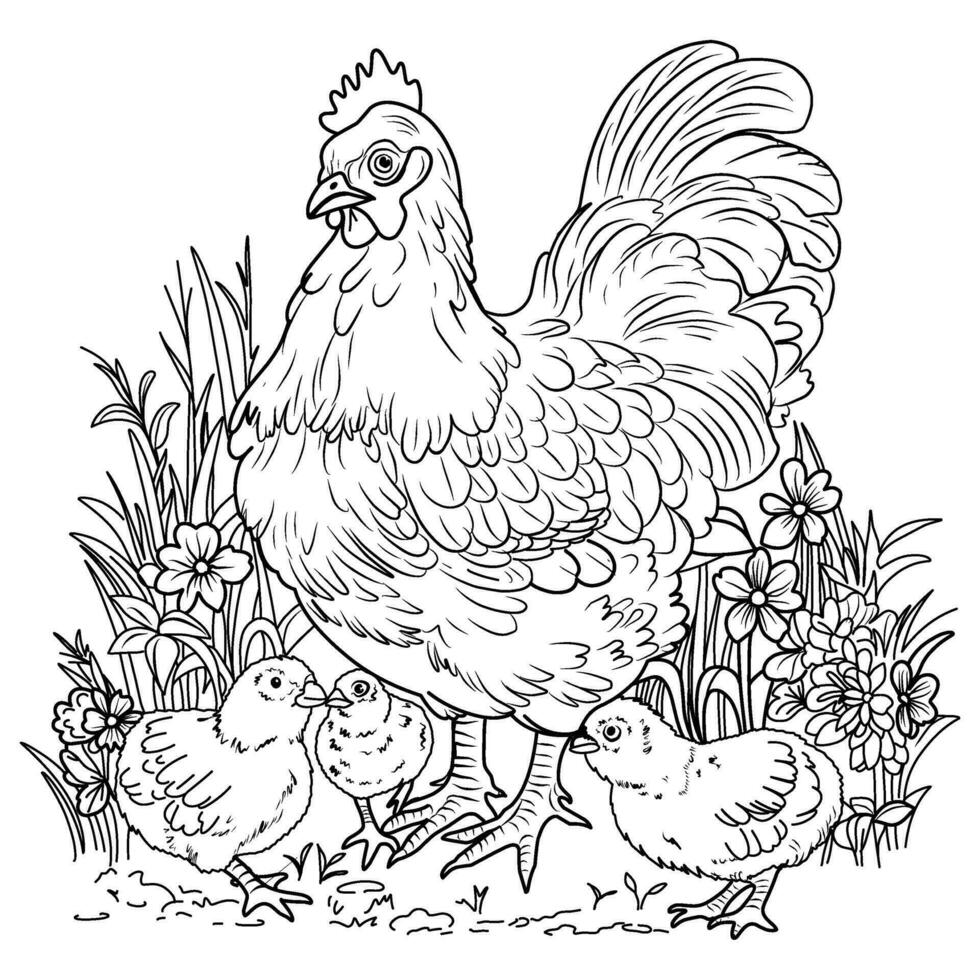 Bird farm coloring page. Hens and chicks linear illustration for coloring vector