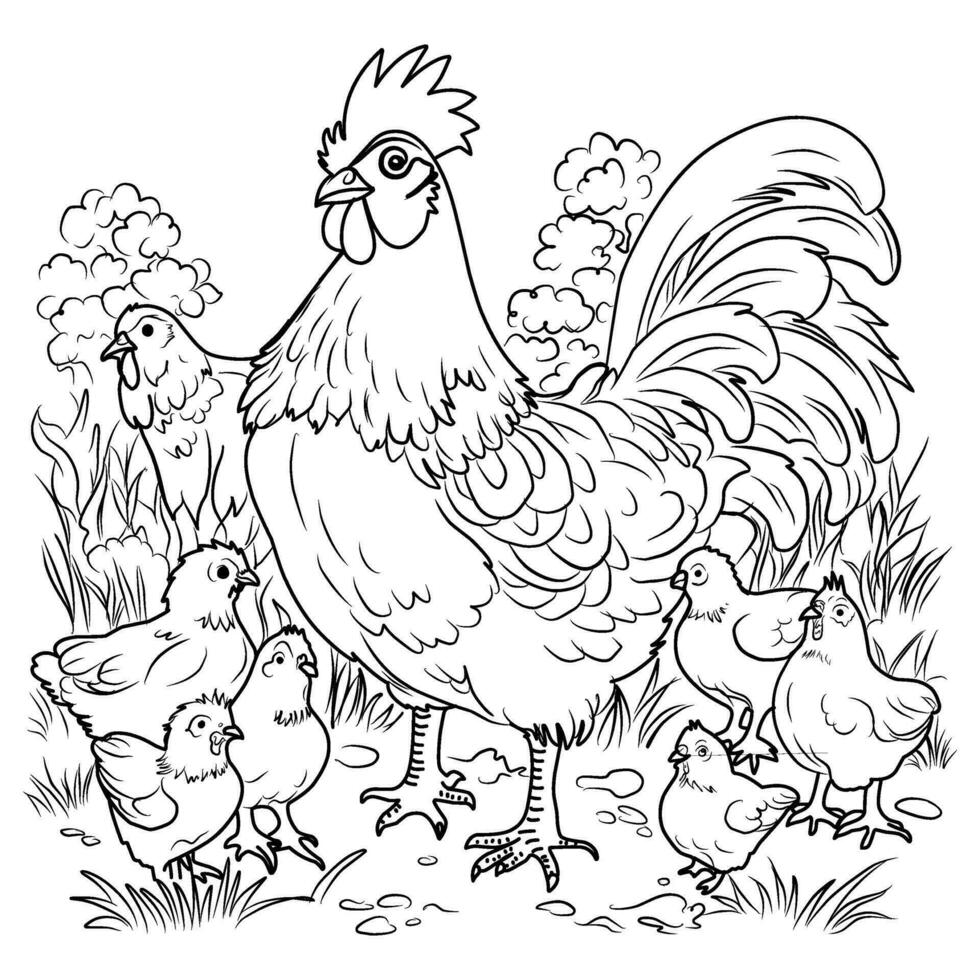 Bird farm coloring page. Hens and chicks linear illustration for coloring vector