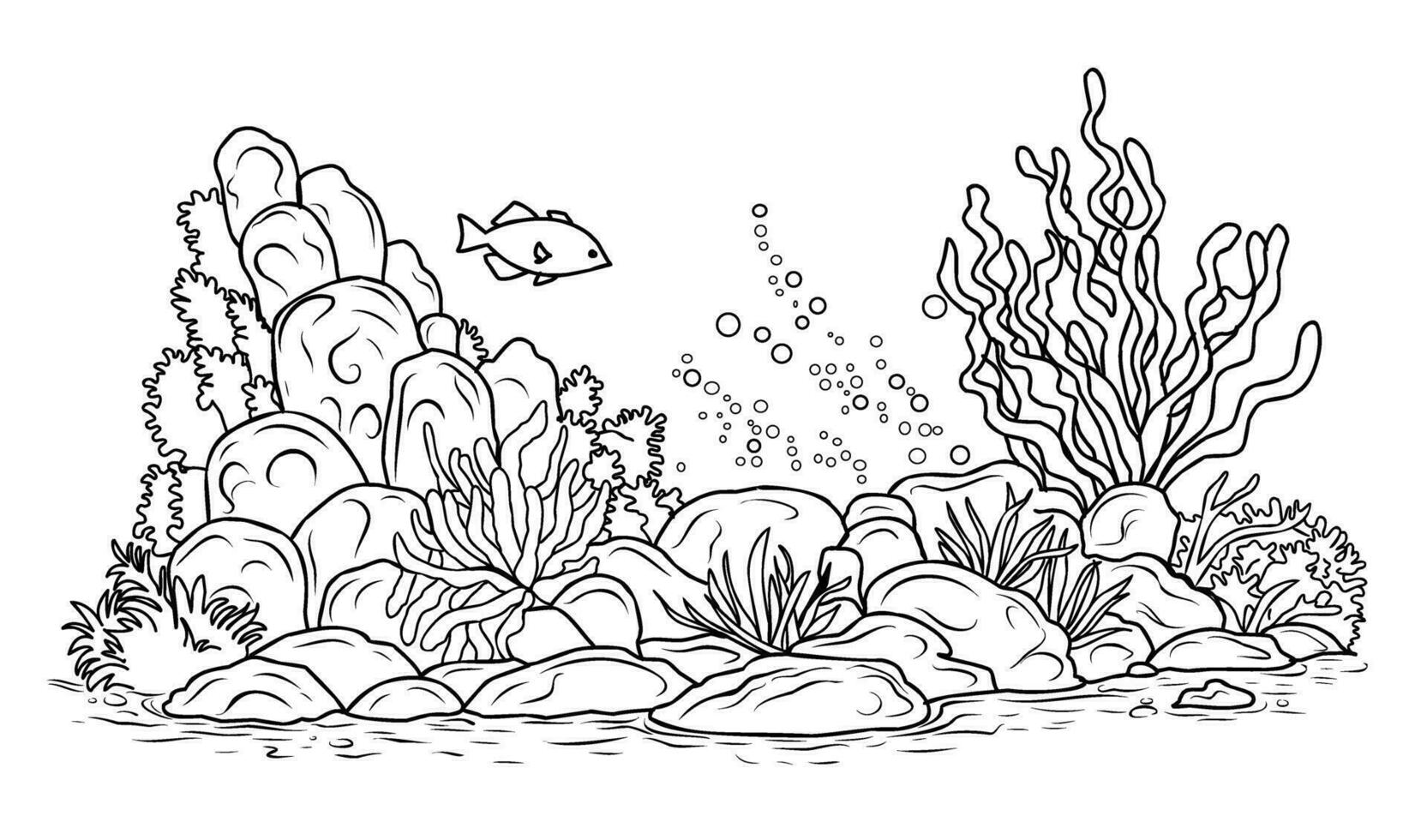 Underwater world coloring page. Coloring page life in the ocean with algae vector