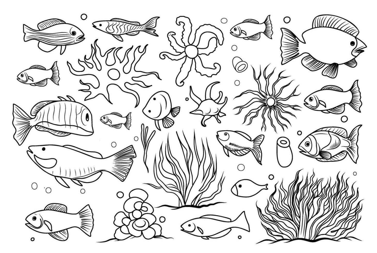 submarino vida colorante página. dibujos animados elementos de el fondo del mar lineal ilustración para colorante vector