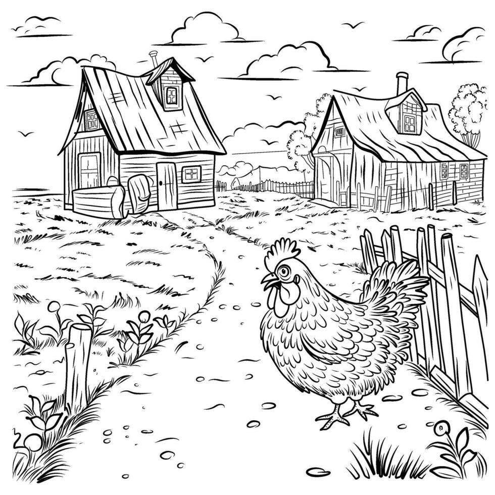 Bird farm coloring page. Hens and chicks linear illustration for coloring vector