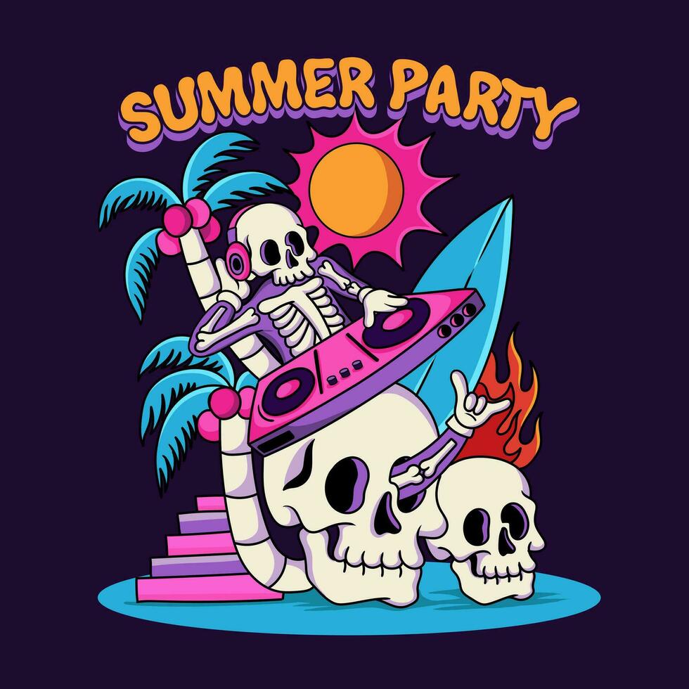 90s skeleton with dj music at the summer party vector