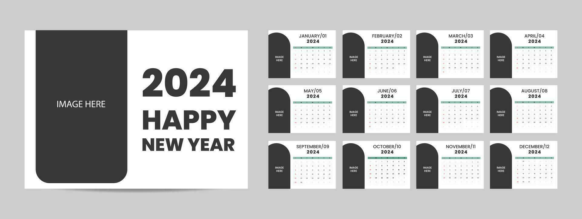 mensual escritorio calendario modelo para 2024 año. semana empieza en domingo. pared calendario 2024 en un minimalista estilo, conjunto de 12 meses, planificador, impresión plantilla, oficina organizador vector. vector