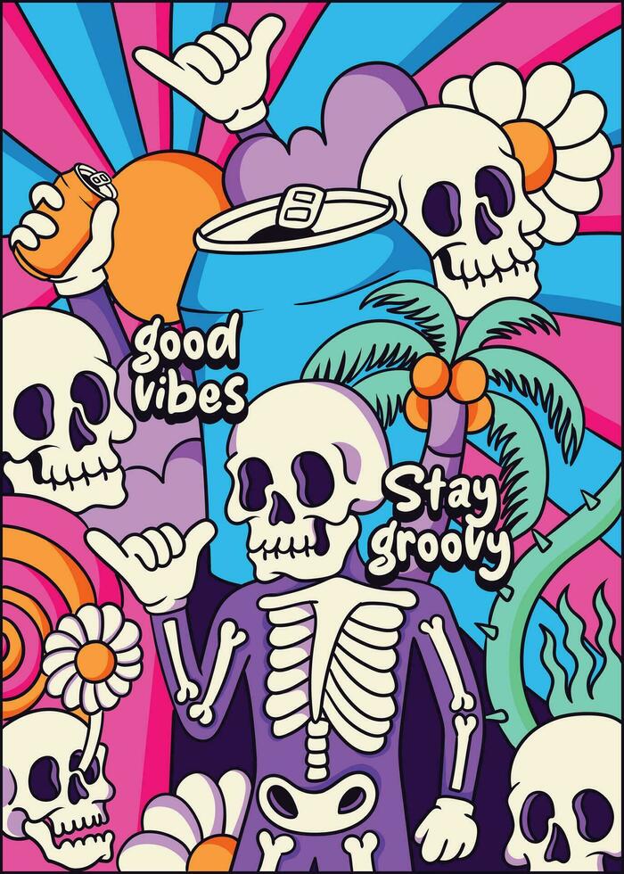 90s groovy skeleton at the summer party vector