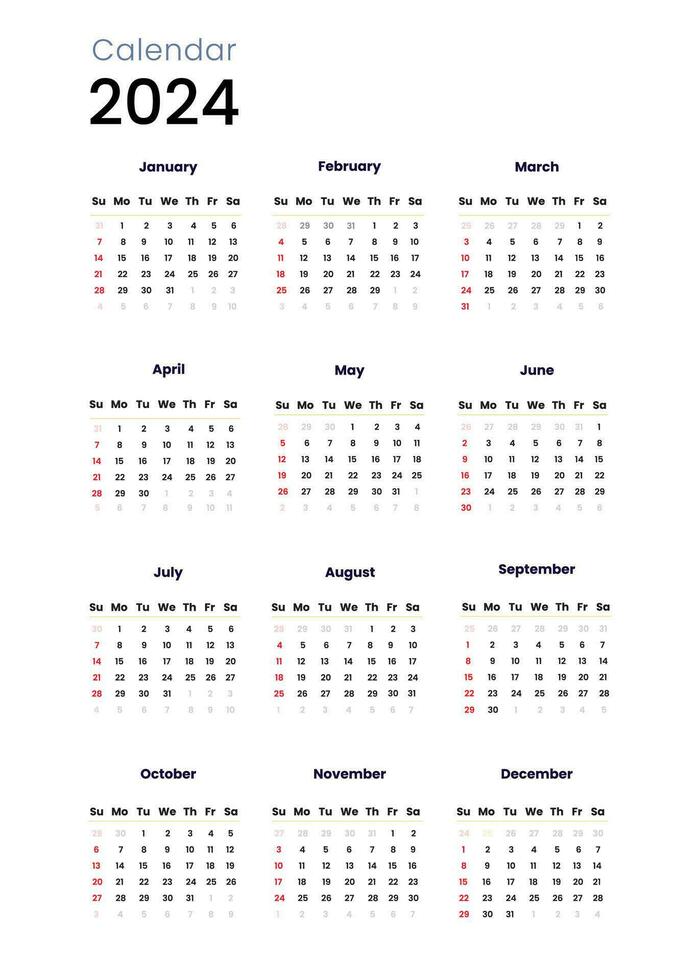 Calendar 2024 template simple minimal calendar, Vector planner 2024 year, Wall calendar 2024 year, Week Starts sunday, Set of 12 calendar, advertisement, printing, stationery, organization office.