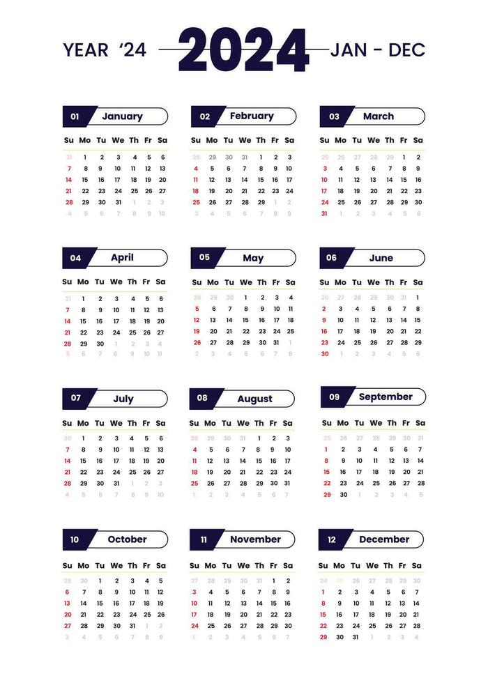 Calendar 2024 template simple minimal calendar, Vector planner 2024 year, Wall calendar 2024 year, Week Starts sunday, Set of 12 calendar, advertisement, printing, stationery, organization office.