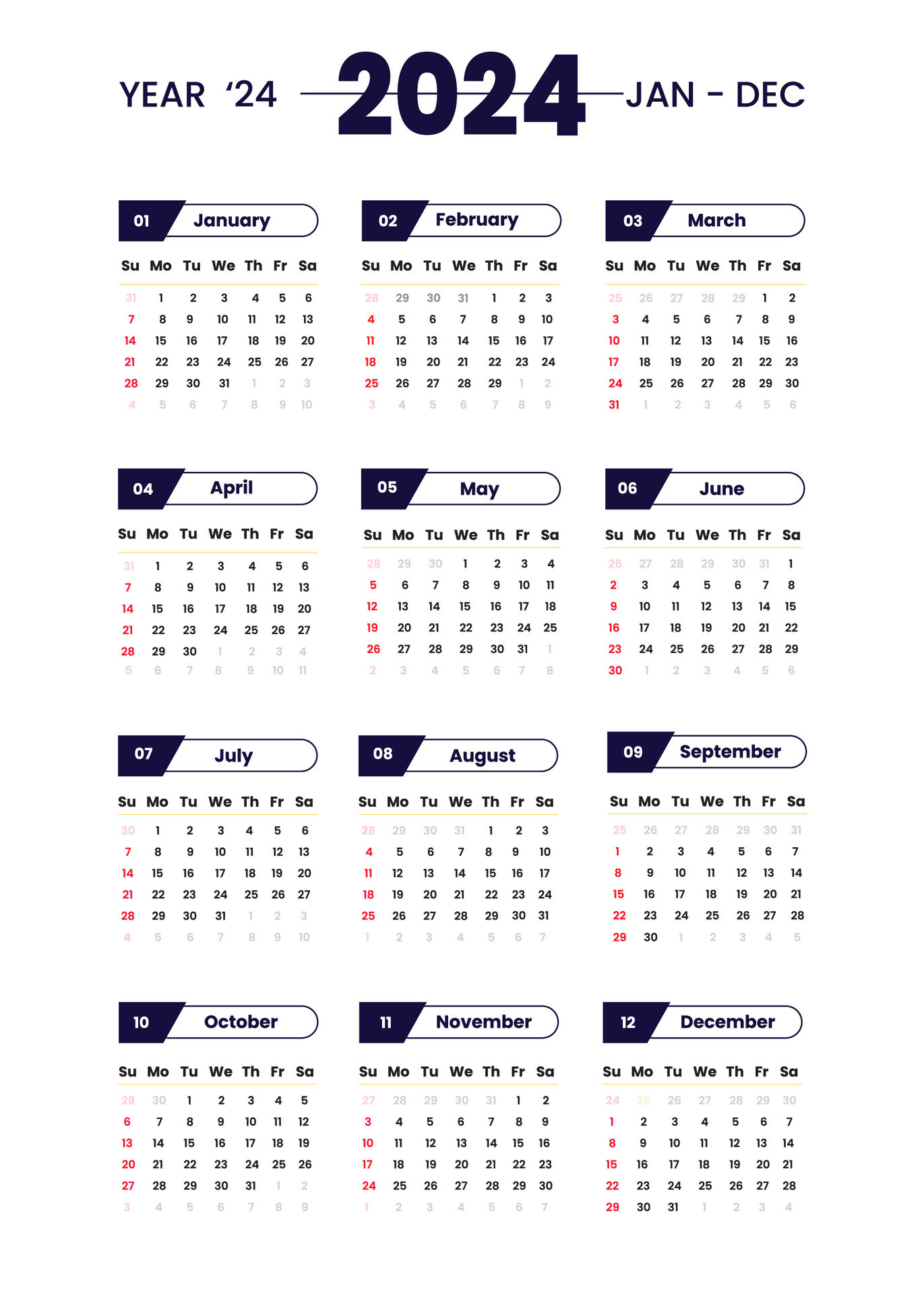 2024 calendar template vector, simple minimal design, 2024 planner, 2024  wall calendar, Week starts on sunday. Advertising, printing, stationery,  organizational office 22603601 Vector Art at Vecteezy