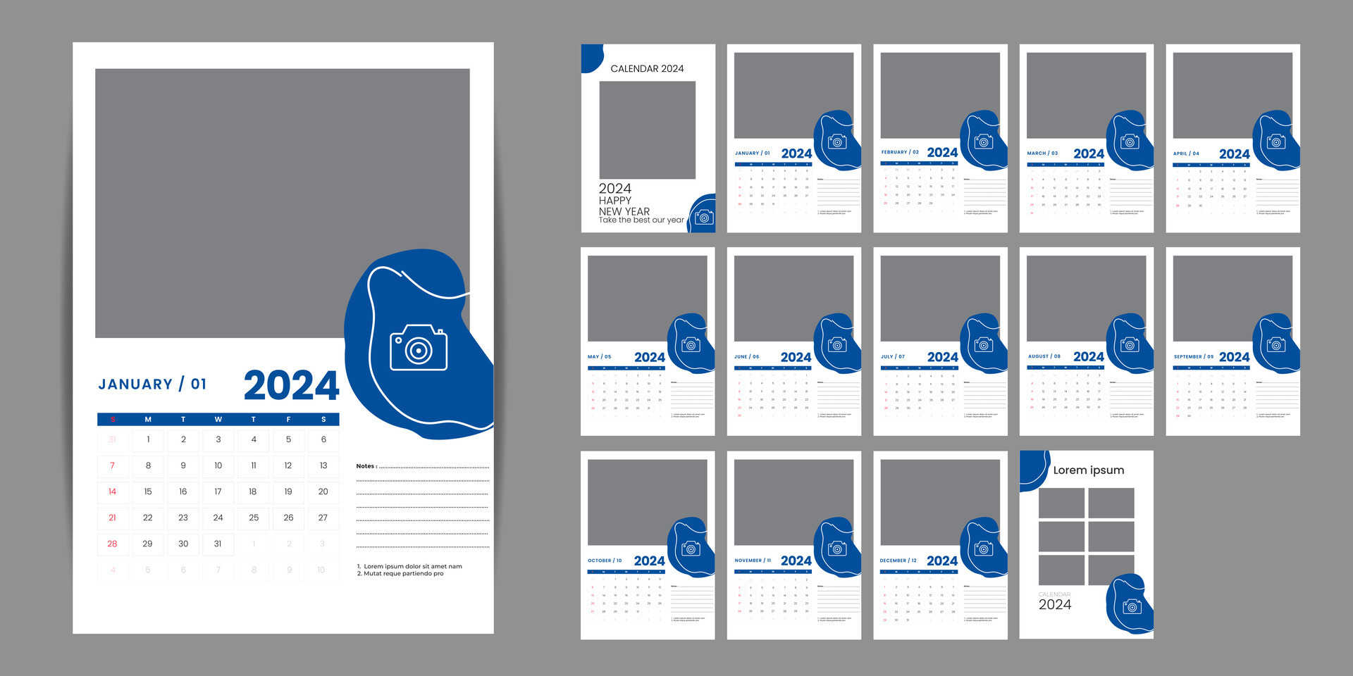 Monthly desk calendar template for 2024 year. Week Starts on Sunday