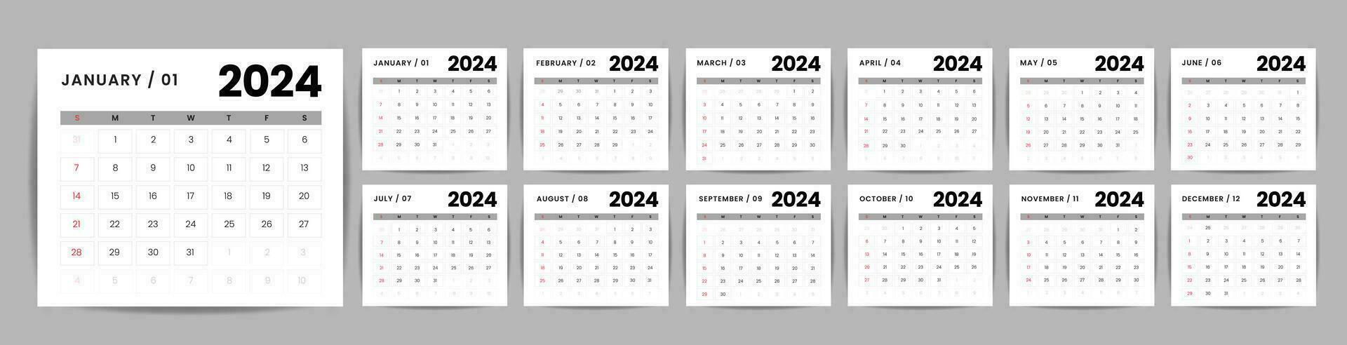 Monthly desk calendar template for 2024 year. Week Starts on Sunday. Wall calendar 2024 in a minimalist style, Set of 12 months, Planner, printing template, office organizer vector. vector