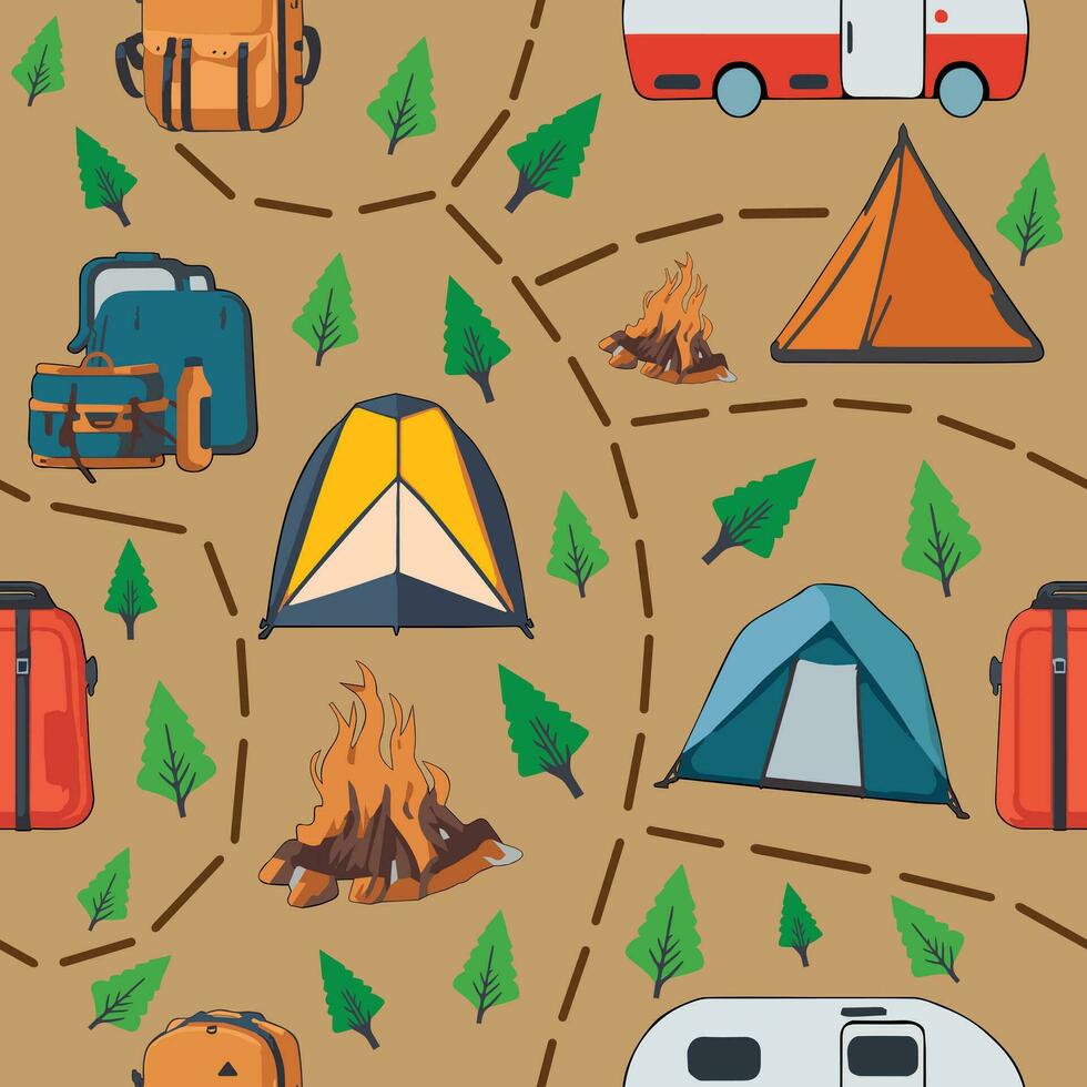 Camping element pattern seamless vector on brown background , camping pattern seamless wallpaper