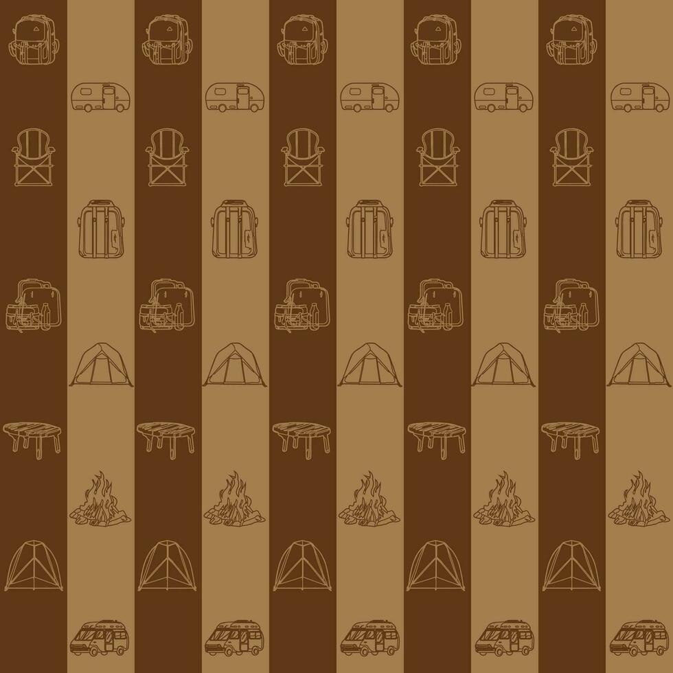 Camping element line art block pattern seamless vector on brown background , camping pattern seamless wallpaper