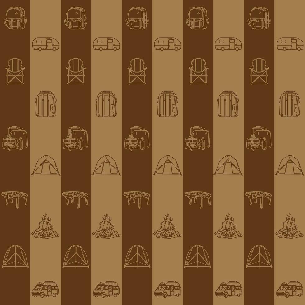Camping element line art block pattern seamless vector on brown background , camping pattern seamless wallpaper
