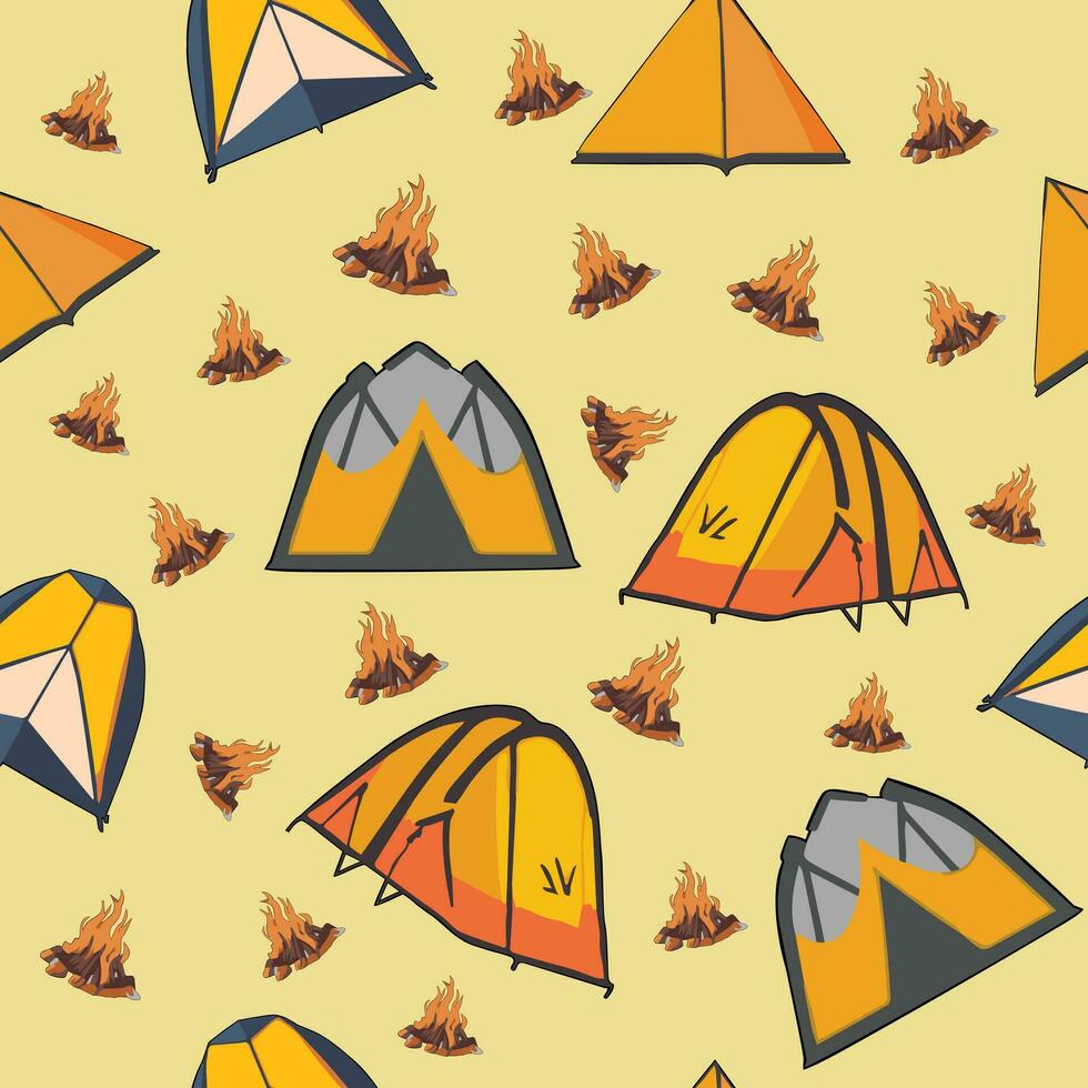Camping tent and campfire element line art pattern seamless vector on yellow background , camping pattern seamless wallpaper