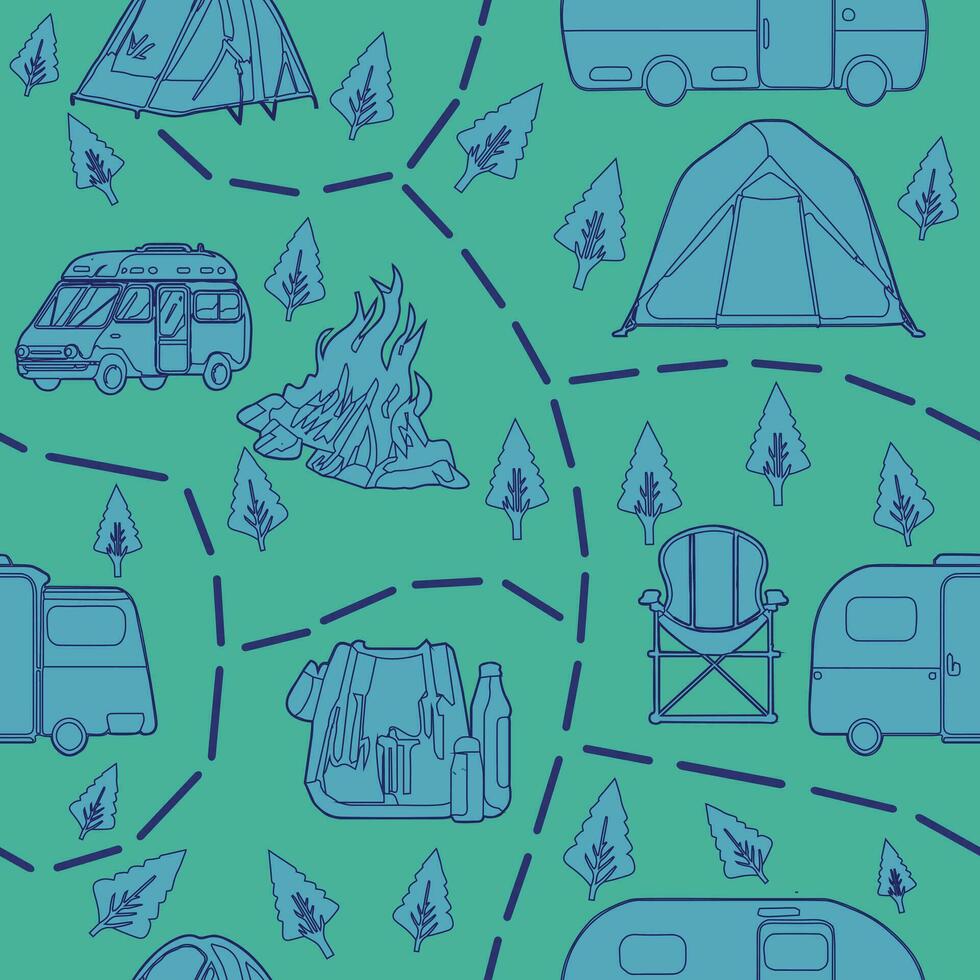 Camping element line art pattern seamless vector on green background , camping pattern seamless wallpaper