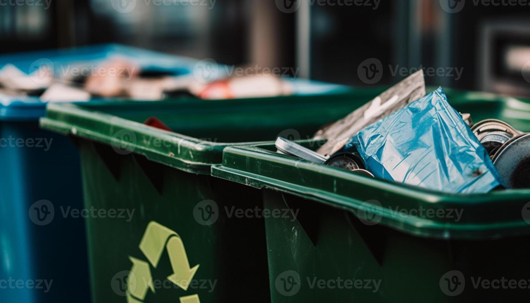 Fresh food in plastic containers stacked for recycling in warehouse generated by AI photo