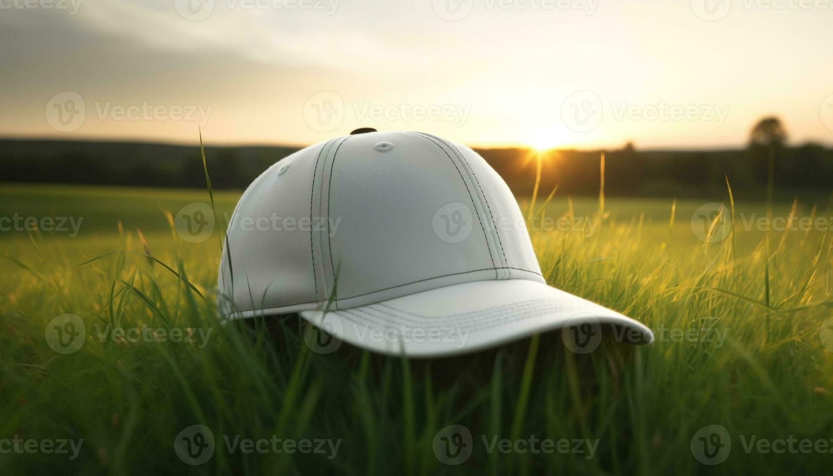 verde béisbol gorra en un tranquilo prado a puesta de sol generado por ai foto