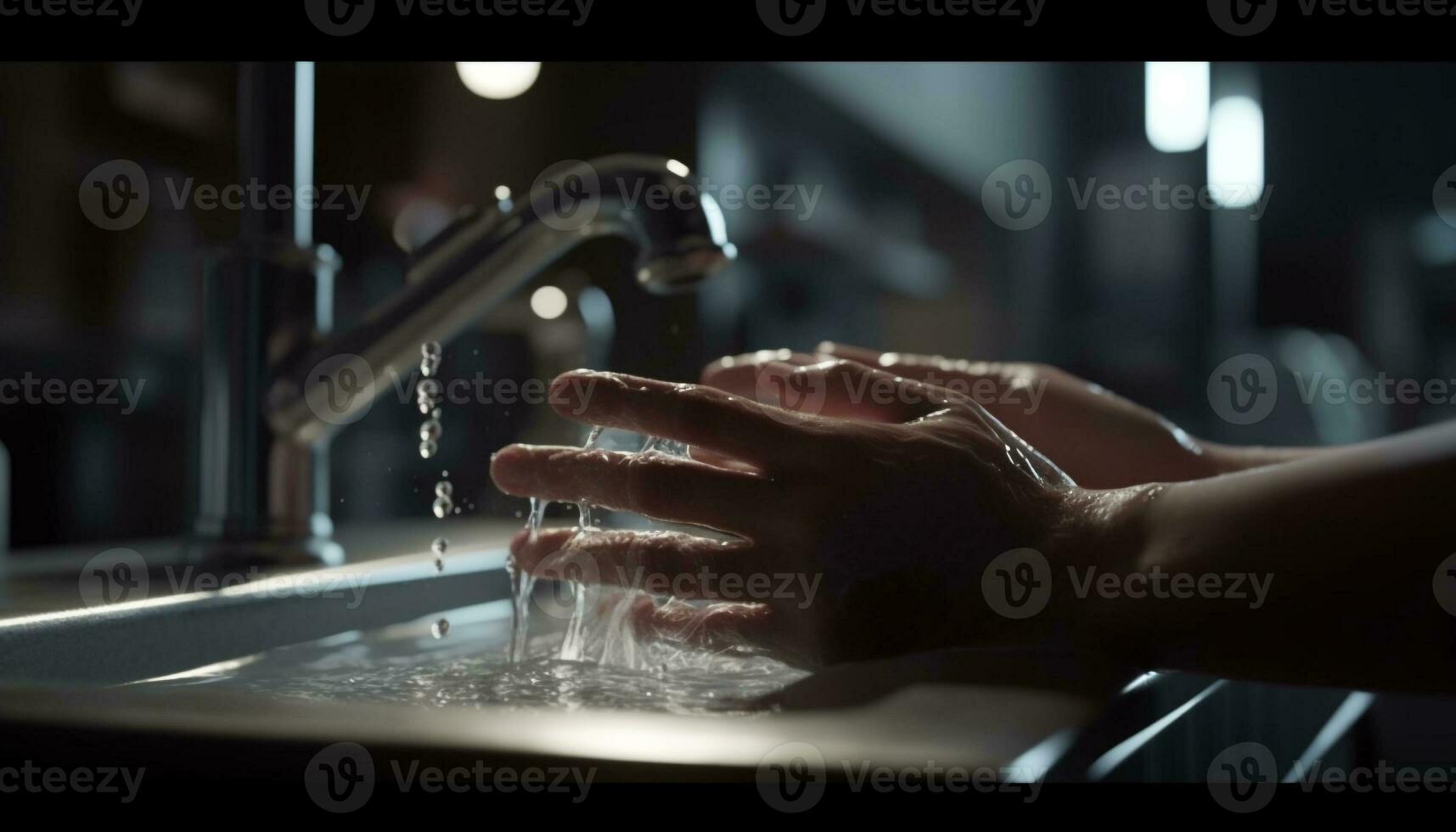Clean hands pouring refreshing water in domestic kitchen sink generated by AI photo