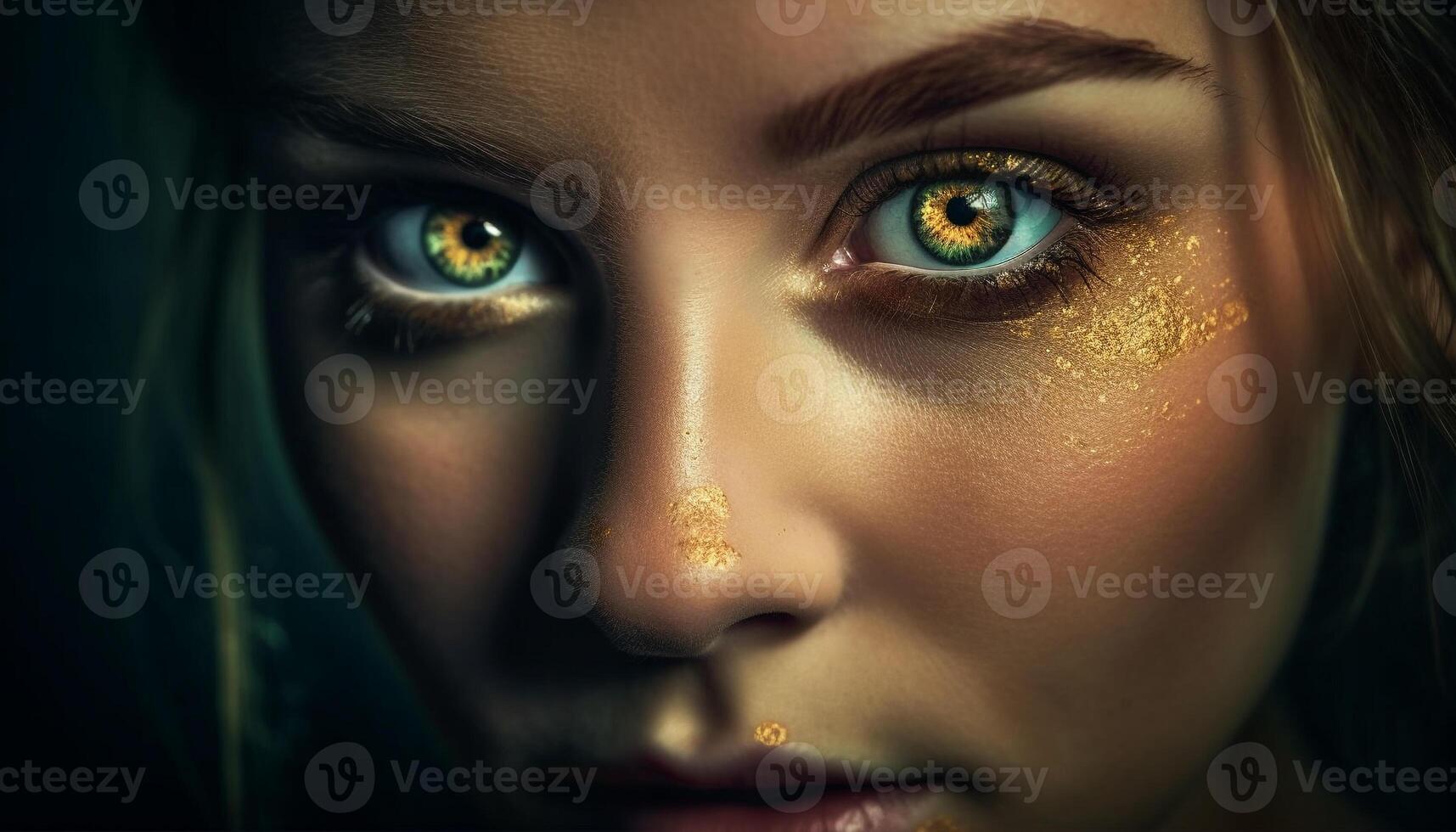 Beautiful young woman with stunning blue eyes staring sensually ahead generated by AI photo