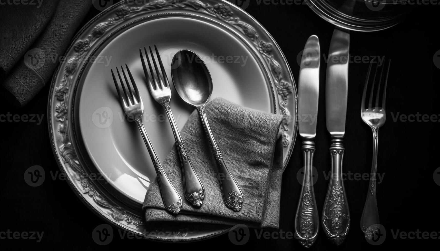 Shiny silverware set on black tablecloth, elegant still life arrangement generated by AI photo