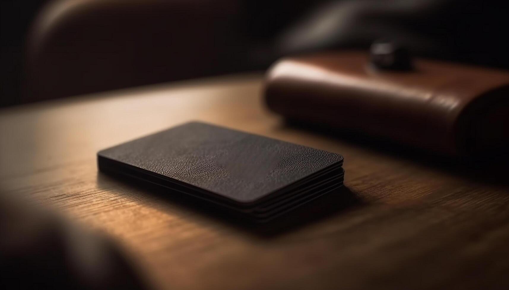 Old fashioned leather desk with stack of literature in dark room generated by AI photo