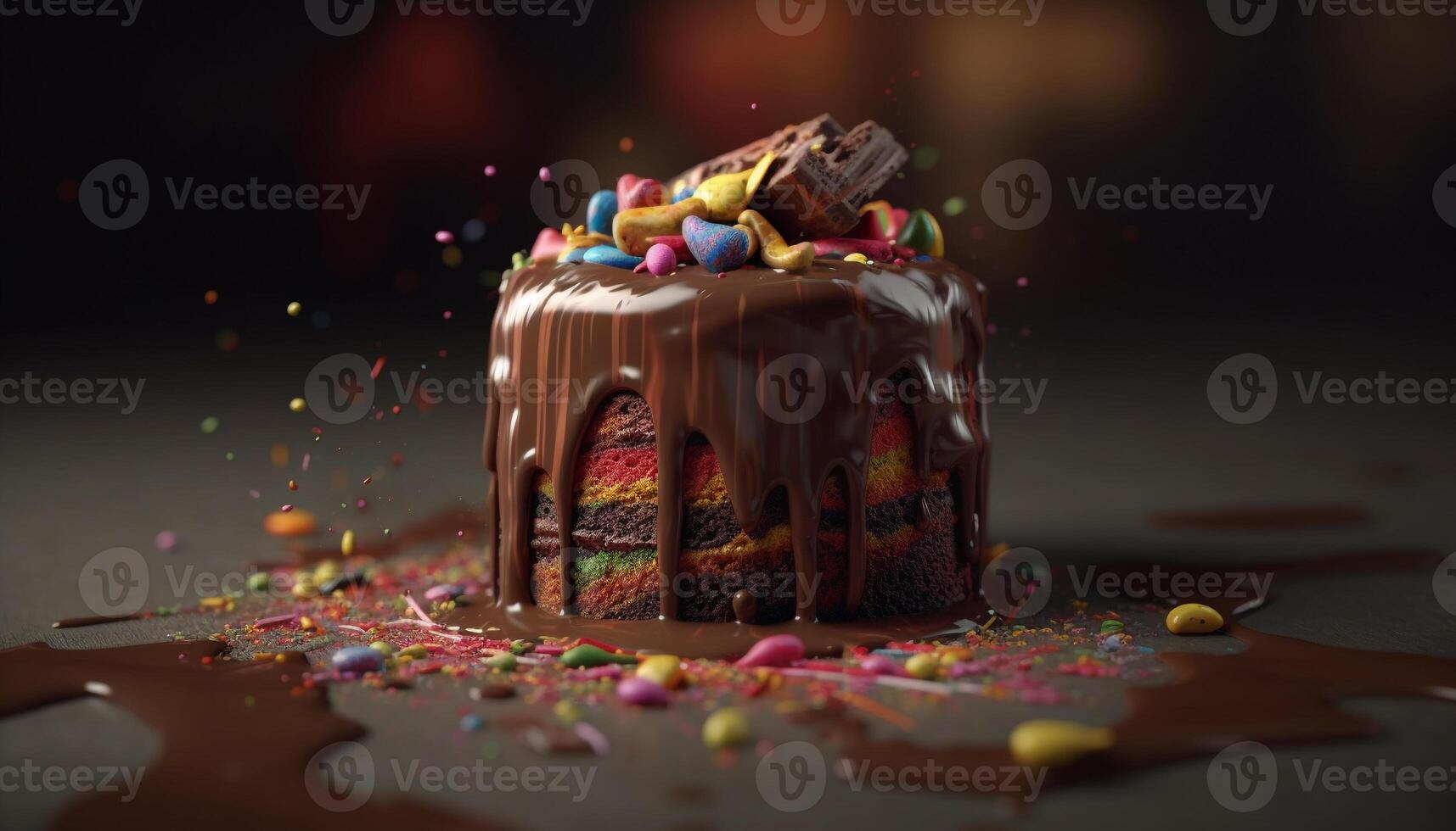 Multi colored birthday cake with chocolate icing and strawberry decoration generated by AI photo