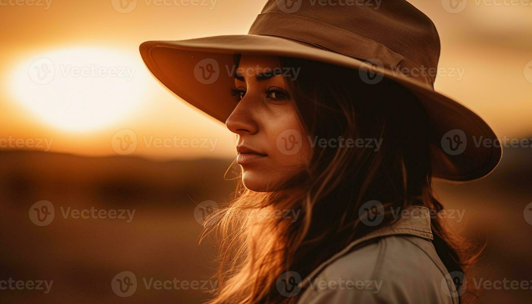 Young woman enjoying nature beauty at sunset, smiling and relaxed generated by AI photo