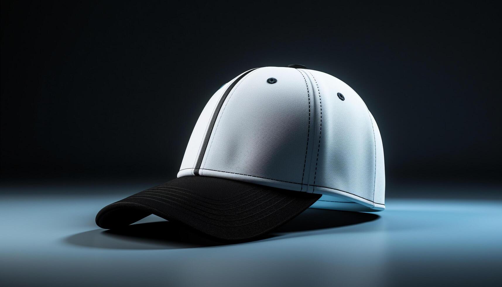 moderno béisbol gorra diseño en negro antecedentes con azul prenda generado por ai foto