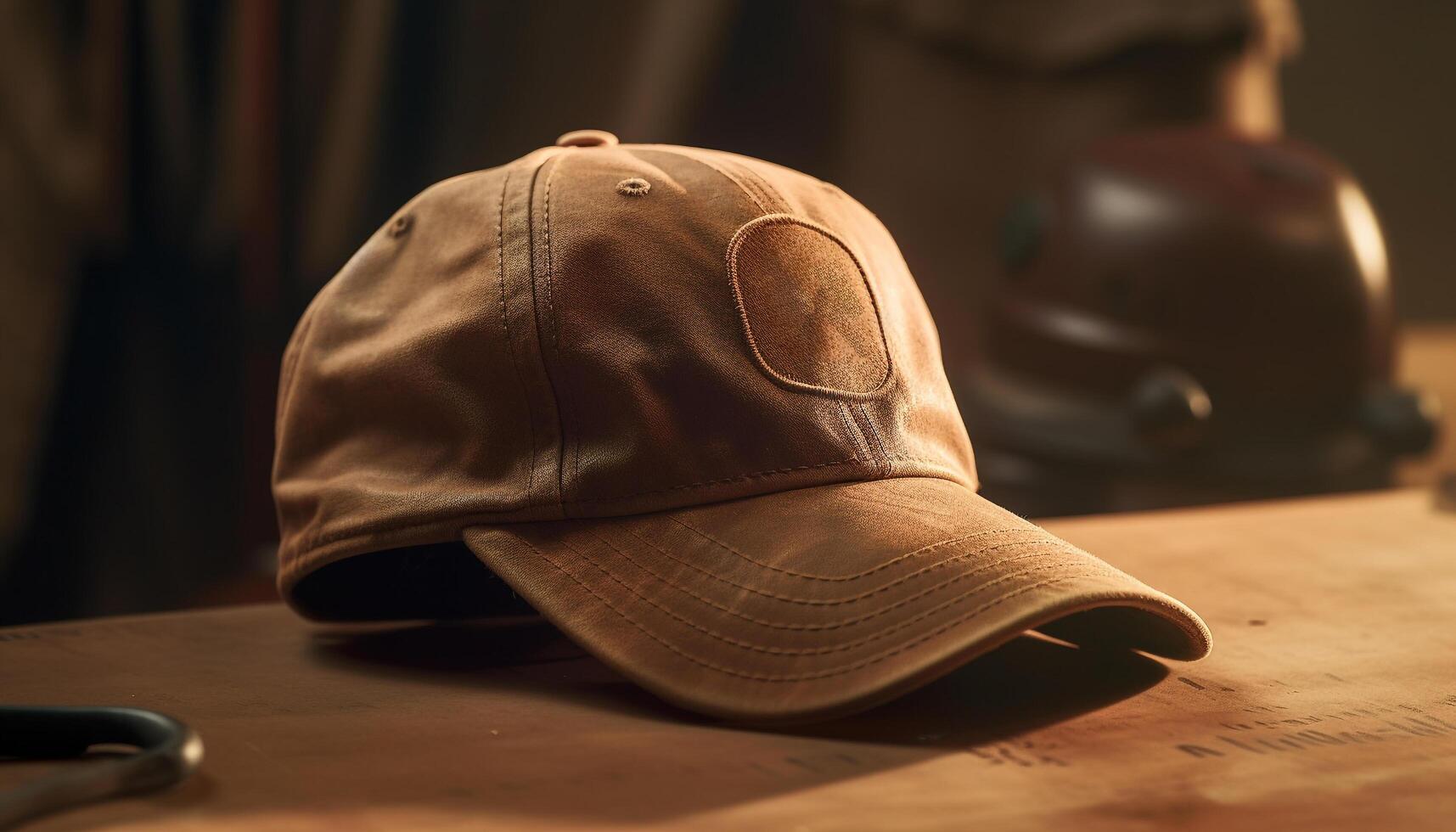 Modern men baseball cap design on wooden table in retail store generated by AI photo
