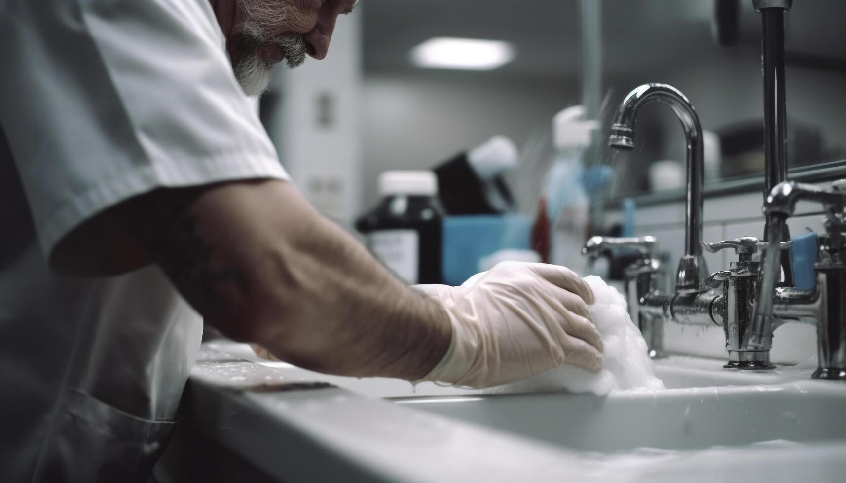 Clean and fresh kitchen sink, man washing hands for hygiene generated by AI photo