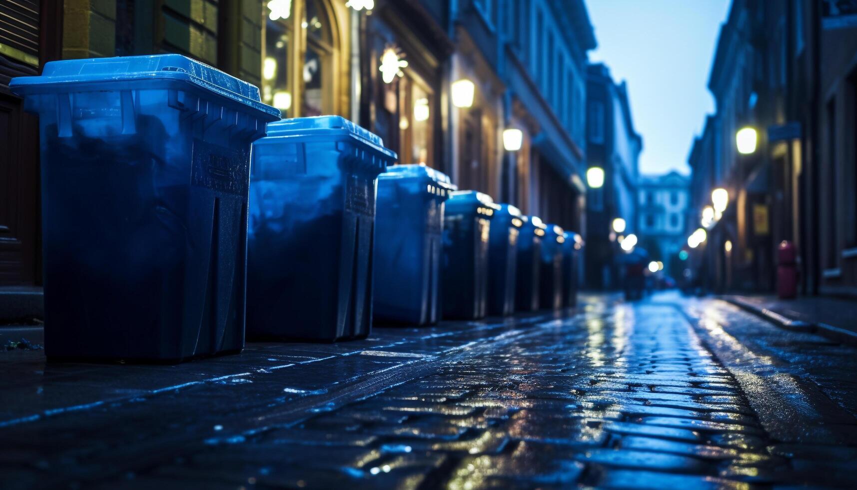 lluvioso noche en histórico ciudad, brillante linternas iluminar arquitectura generado por ai foto