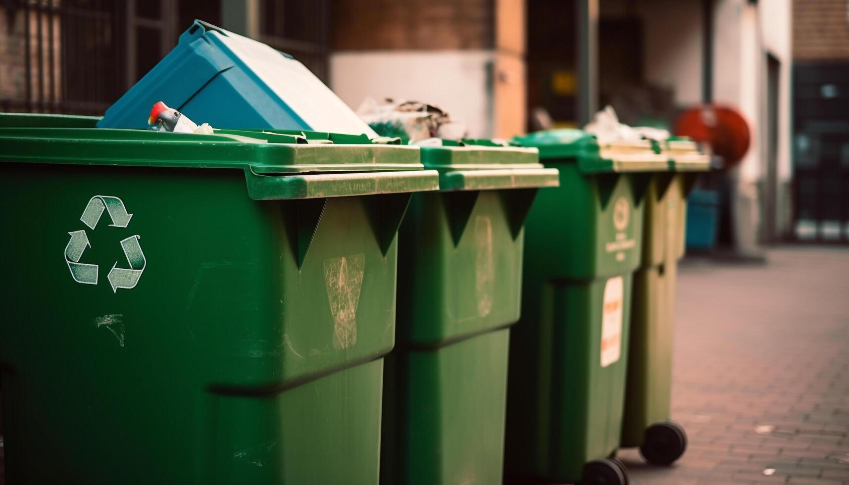 reciclaje símbolo en verde envase en fila con el plastico botellas generado por ai foto