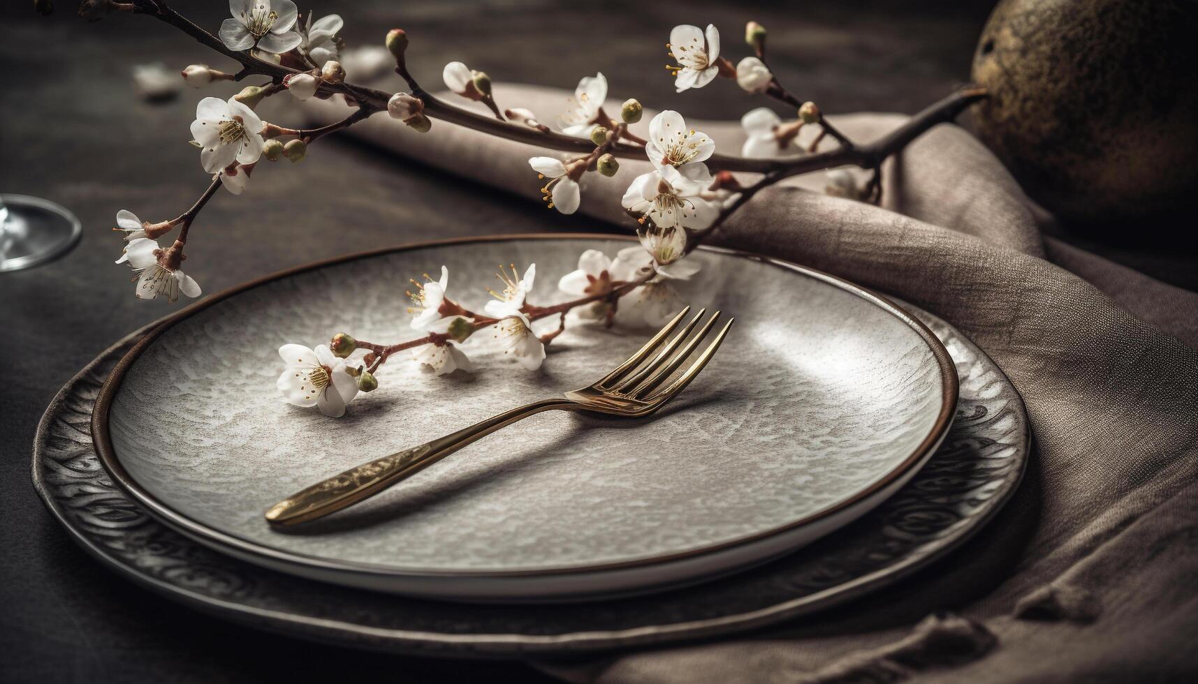 Fresh fruit and flowers adorn the rustic wooden table setting generated by AI photo