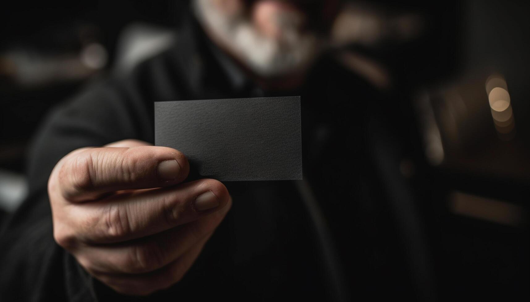 Confident businessman holding business card, smiling for advertisement success generated by AI photo