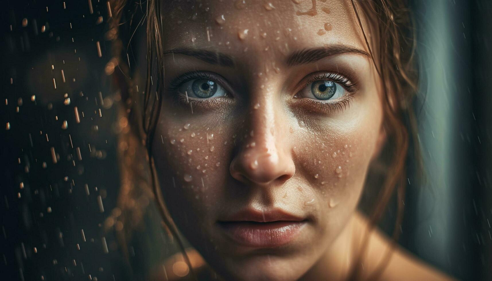 Beautiful young woman looking out window at raindrop reflection generated by AI photo