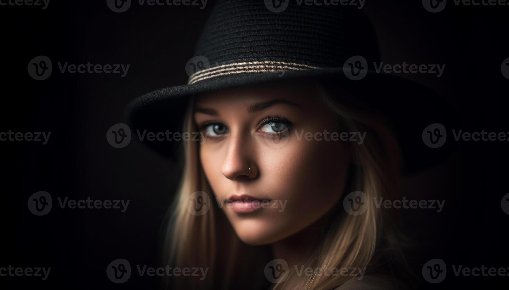 Beautiful young woman exudes confidence in black and white headshot generated by AI photo