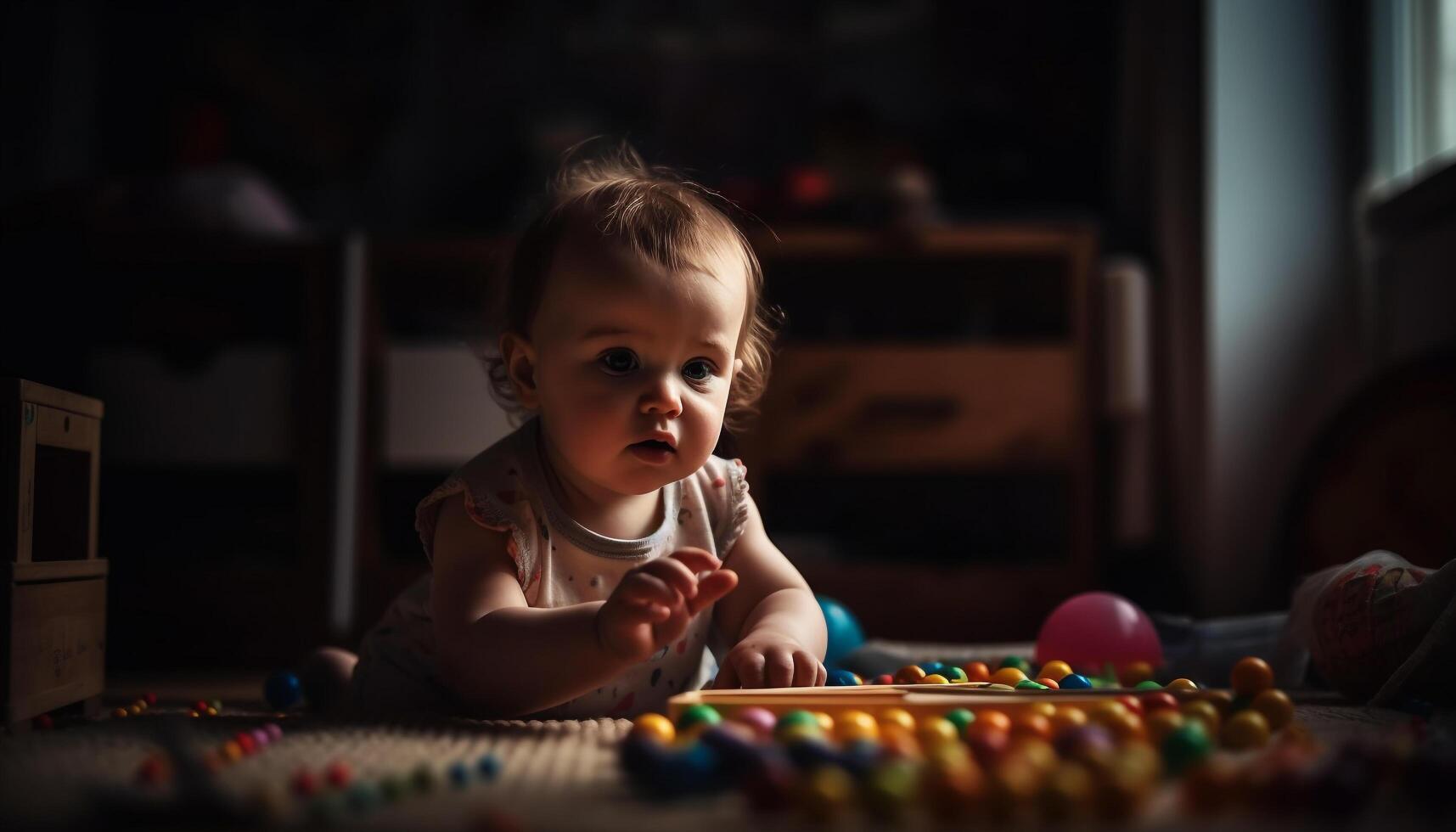 Cheerful toddler playing with colorful toys in cozy home interior generated by AI photo