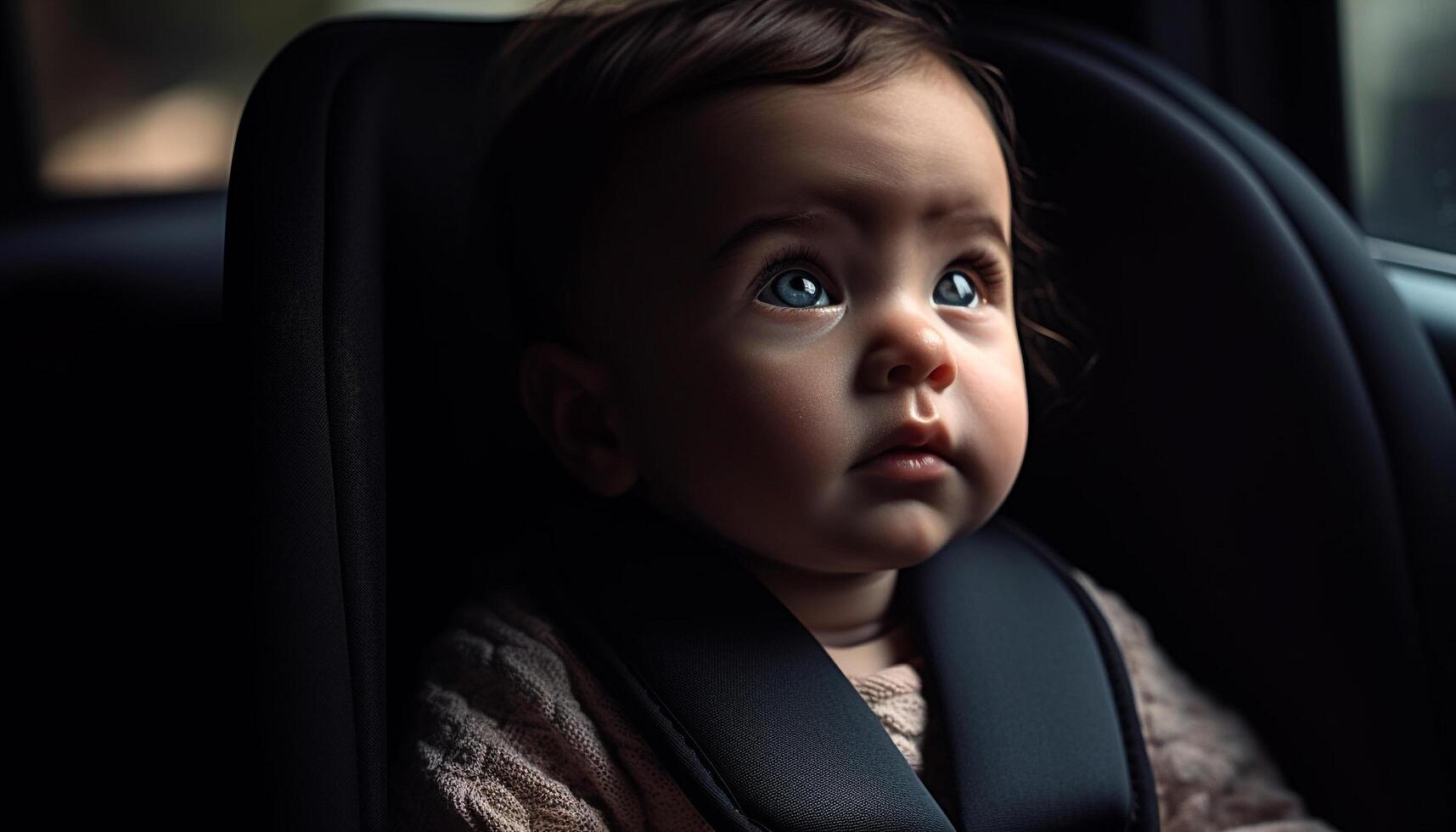 Cute baby sitting in car seat, looking at camera with happiness generated by AI photo